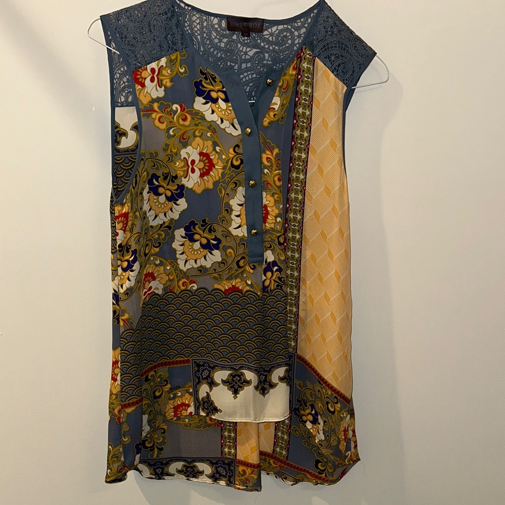 Hale Bob Blue and Yellow Patterned Sleeveless Blouse